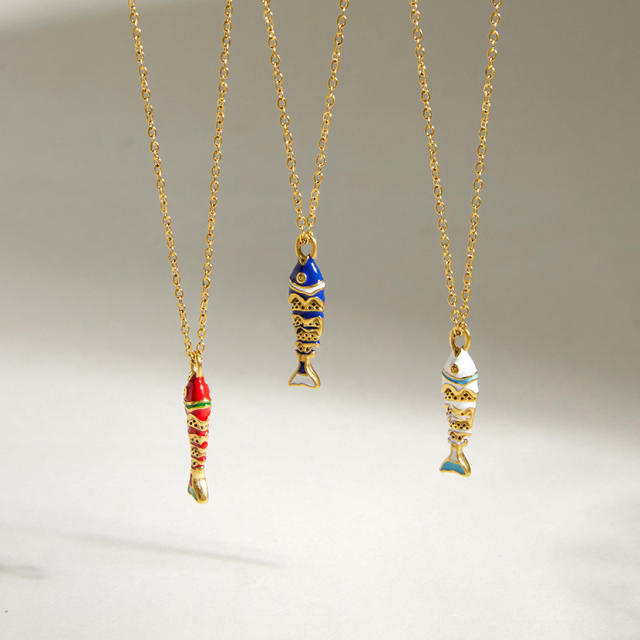 Colorful enamel diamond fish pendant stainless steel necklace