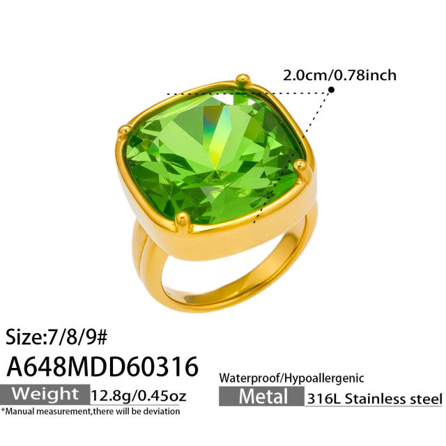 Simple glass crystal statement stainless steel rings
