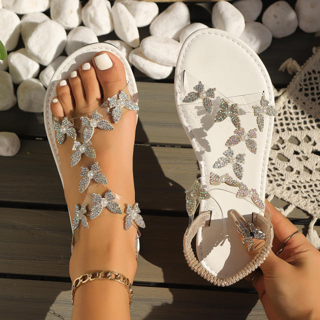 New Foreign Trade Large Size Elastic Band Rhinestone Pearl Butterfly Sandals for Women Flat-Soled Outdoor Beach Sandals