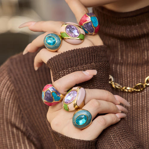 Vintage color enamel glass crystal inlaid stainless steel rings