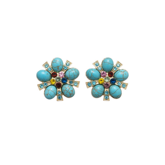 Silver needle imitation turquoise stone flower studs earrings
