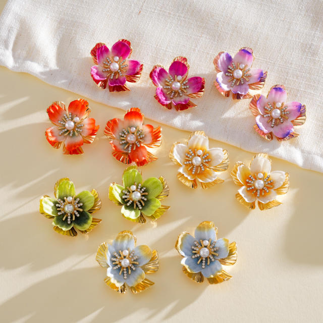 Silver needle colorful flower petal studs earrings holiday earrings