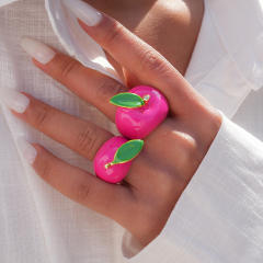 Sweet rose red color enamel apple design alloy finger rings