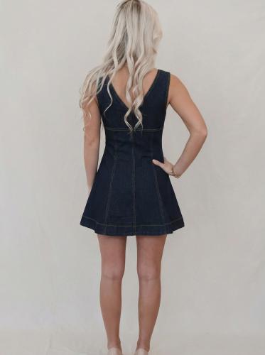 Summer dark blue V neck denim dress short dress
