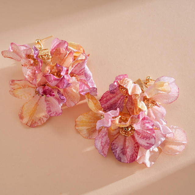 Silver needle sweet pink fabirc flower earrings holiday earrings
