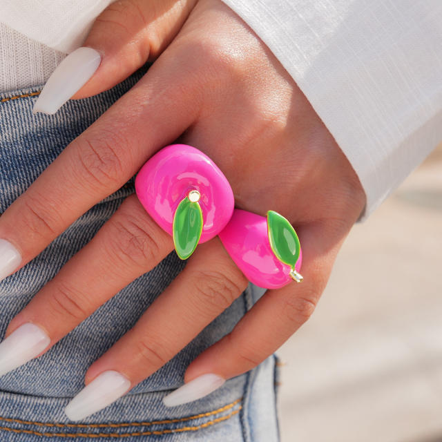 Sweet rose red color enamel apple design alloy finger rings