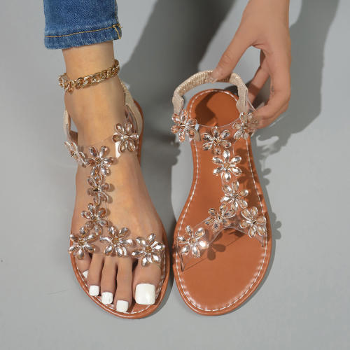 Large Size Summer Rhinestone Butterfly Flower Flats Transparent One-Strap Sandals