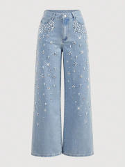 Ins Hot-Selling Casual Loose Slim Jeans Women's Beaded Straight Pants diamond jeans