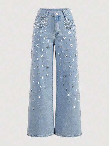 Ins Hot-Selling Casual Loose Slim Jeans Women's Beaded Straight Pants diamond jeans