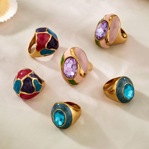 Vintage color enamel glass crystal inlaid stainless steel rings