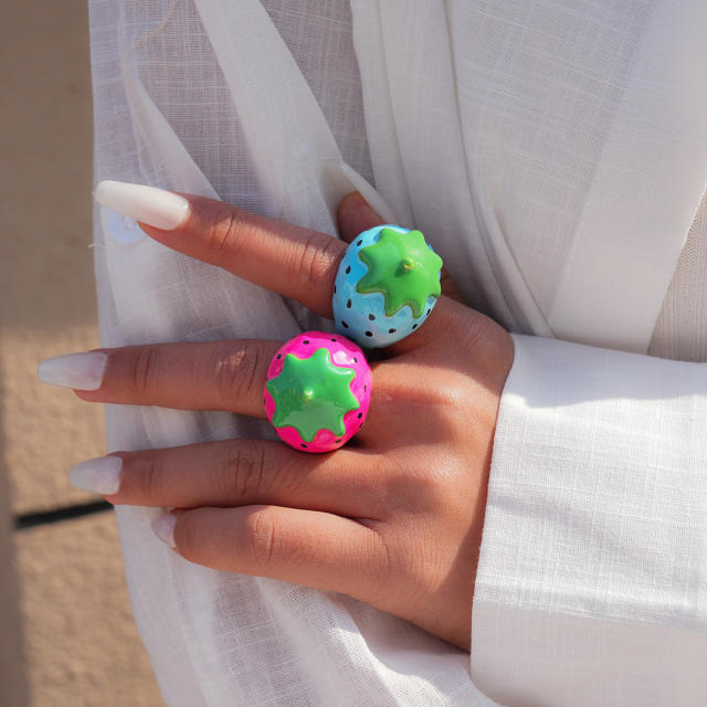 Summer color enamel strawberry finger rings