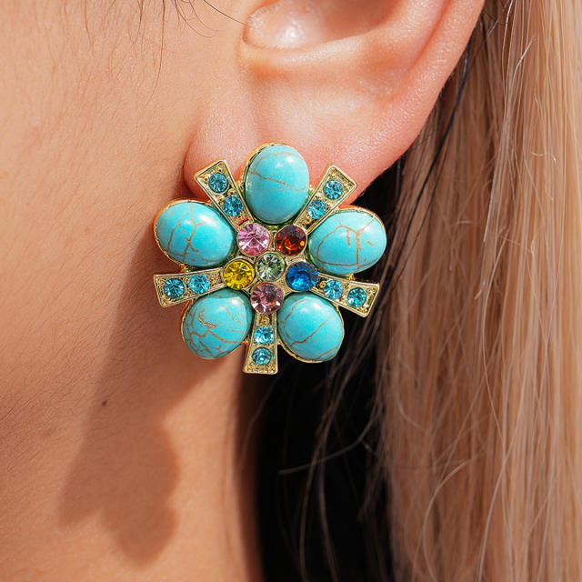 Silver needle imitation turquoise stone flower studs earrings