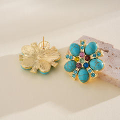 Silver needle imitation turquoise stone flower studs earrings