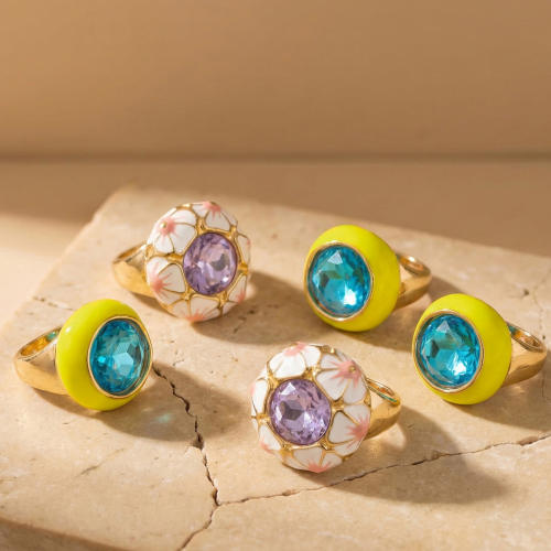 Chunky color enamel crystal inlaid stainless steel rings