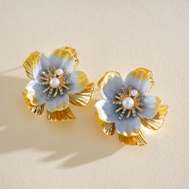 Silver needle colorful flower petal studs earrings holiday earrings