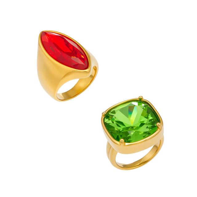 Simple glass crystal statement stainless steel rings