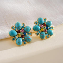Silver needle imitation turquoise stone flower studs earrings