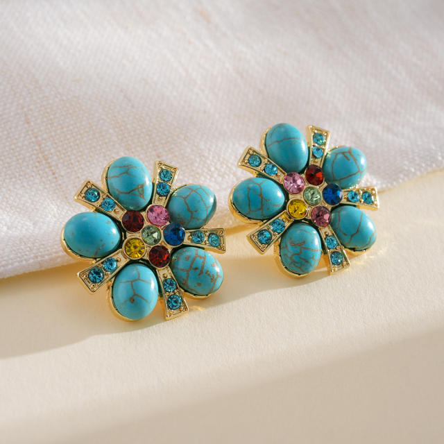 Silver needle imitation turquoise stone flower studs earrings