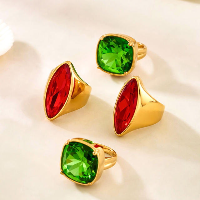 Simple glass crystal statement stainless steel rings