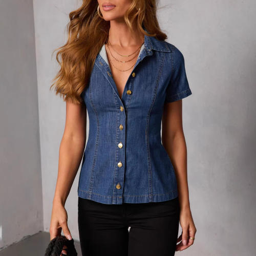 Summer dark blue short sleeve shirt denim shirt