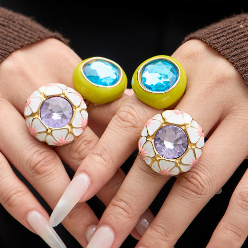 Chunky color enamel crystal inlaid stainless steel rings