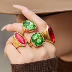 Simple glass crystal statement stainless steel rings
