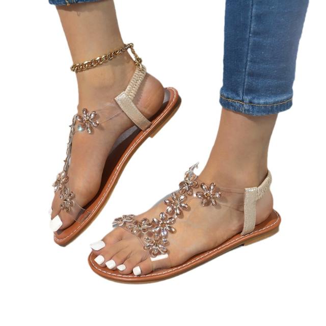 Large Size Summer Rhinestone Butterfly Flower Flats Transparent One-Strap Sandals