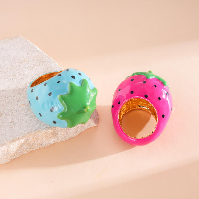 Summer color enamel strawberry finger rings