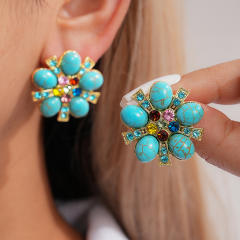 Silver needle imitation turquoise stone flower studs earrings