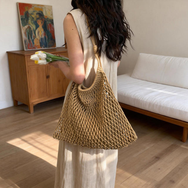 French trend hollow design straw beach bag tote bag