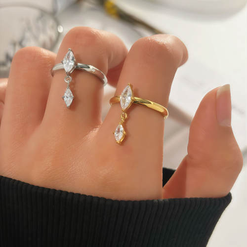Delicate horse eye cubic zircon tassel stainless steel rings