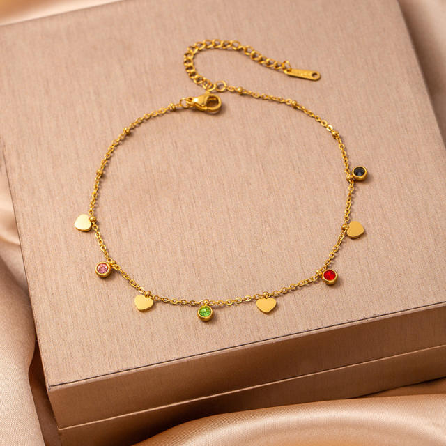 Summer hot sale colorful crystal hollow out heart moon charm stainless steel anklet