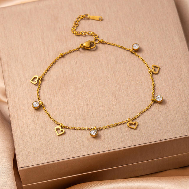 Summer hot sale colorful crystal hollow out heart moon charm stainless steel anklet