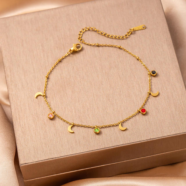 Summer hot sale colorful crystal hollow out heart moon charm stainless steel anklet