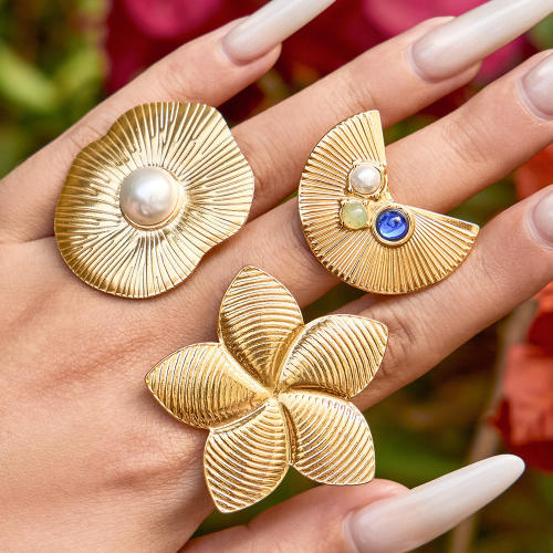 18KG shell pearl inlaid lotus leaf flower stainless steel rings
