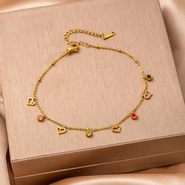 Summer hot sale colorful crystal hollow out heart moon charm stainless steel anklet