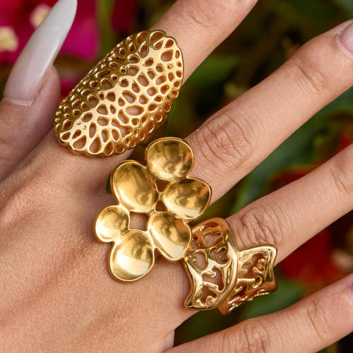 New design gold color hollow out stainless steel rings big rings