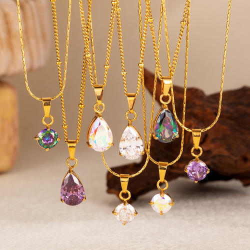 Dainty colorful drop crystal pendant stainless steel necklace