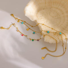 18KG water pearl turquoise bead layer stainless steel anklet