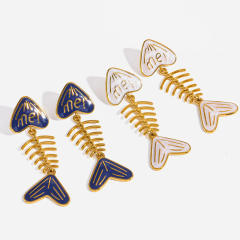 18KG blue white enamel fishbone stainless steel earrings