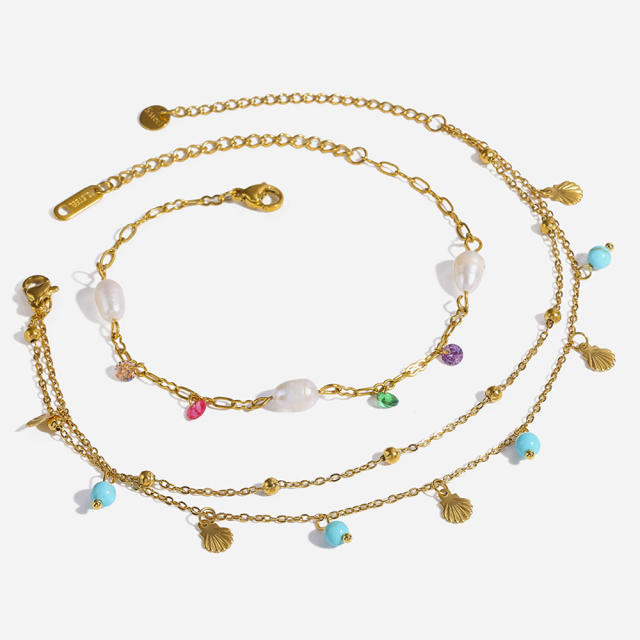 18KG water pearl turquoise bead layer stainless steel anklet