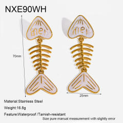 18KG blue white enamel fishbone stainless steel earrings