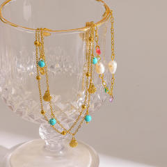 18KG water pearl turquoise bead layer stainless steel anklet