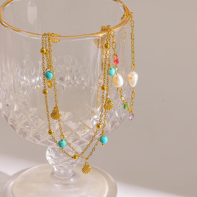 18KG water pearl turquoise bead layer stainless steel anklet