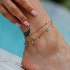 18KG water pearl turquoise bead layer stainless steel anklet