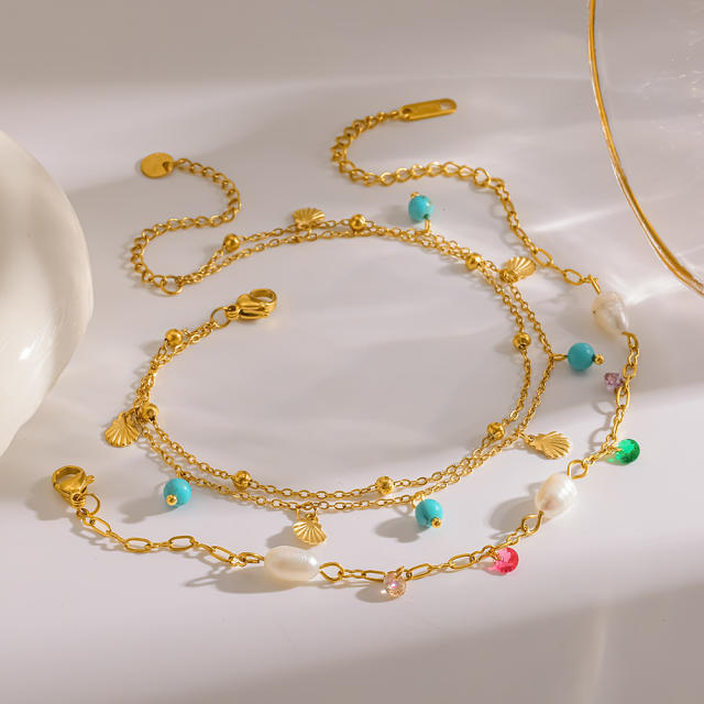 18KG water pearl turquoise bead layer stainless steel anklet