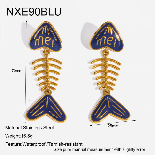 18KG blue white enamel fishbone stainless steel earrings
