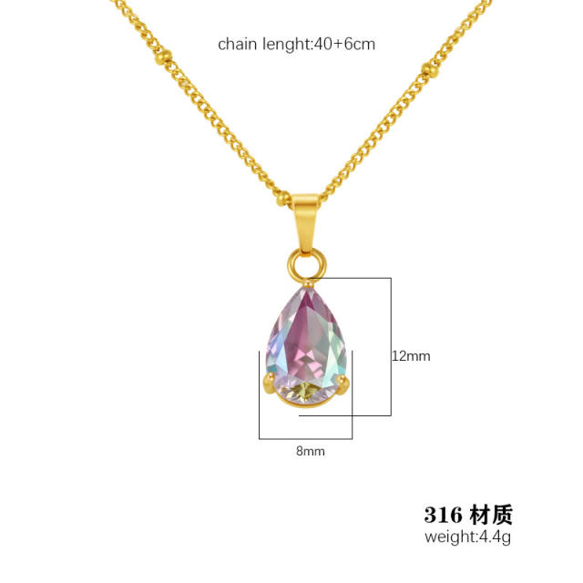 Dainty colorful drop crystal pendant stainless steel necklace