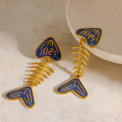 18KG blue white enamel fishbone stainless steel earrings