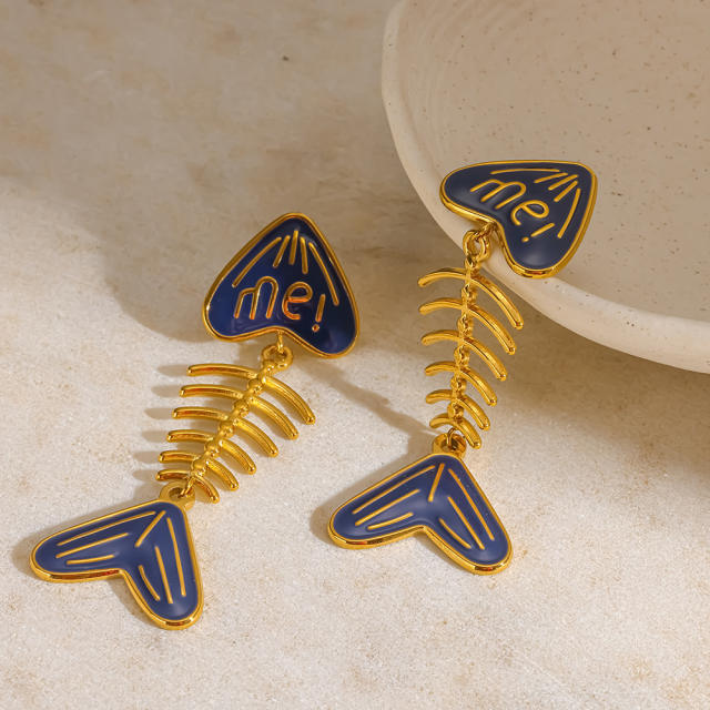 18KG blue white enamel fishbone stainless steel earrings
